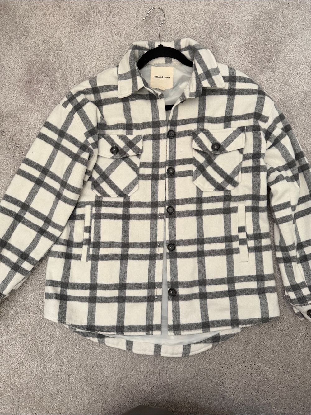 Women’s Plaid Button-Up Shacket Jacket - White & Gray